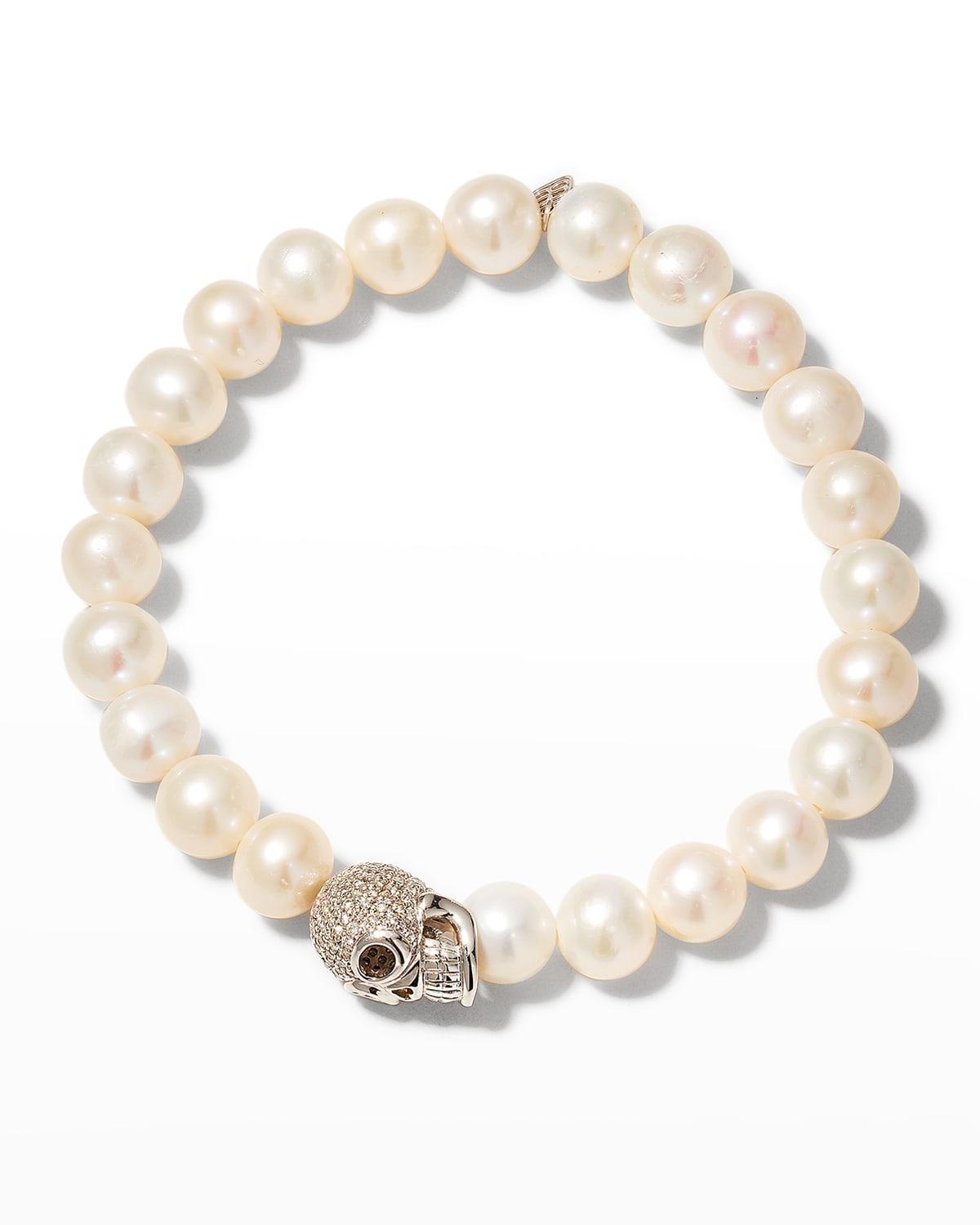 Sydney Evan Men's Diamond Skull Freshwater Pearl Beaded Bracelet - FRESH WATER PEARL Product Image