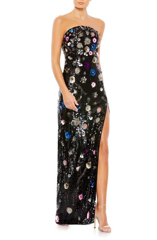 Floral Sequined Strapless Column Gown In Black Multi Product Image