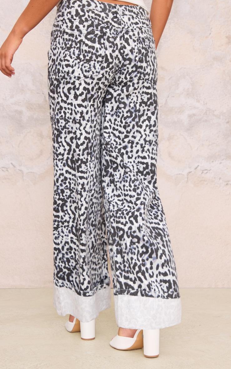 White And Black Leopard Print Turn Up Hem Wide Leg Jeans Product Image