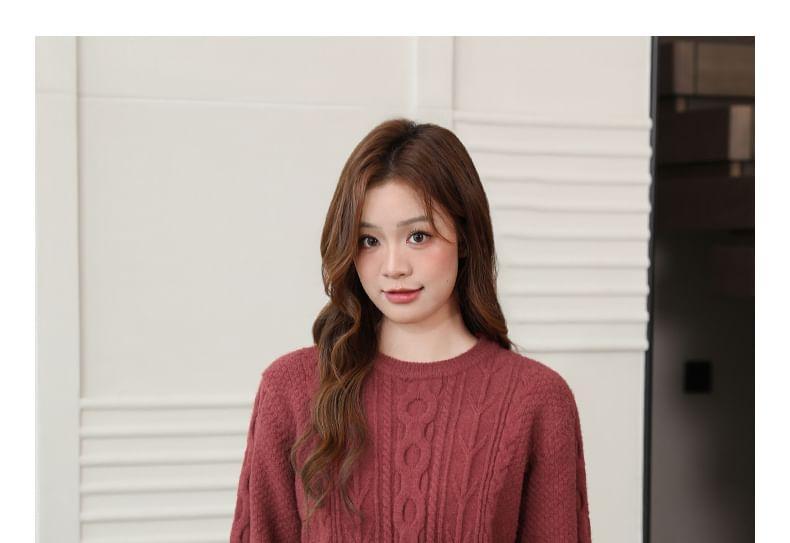 Round Neck Plain Cable Knit Sweater Product Image