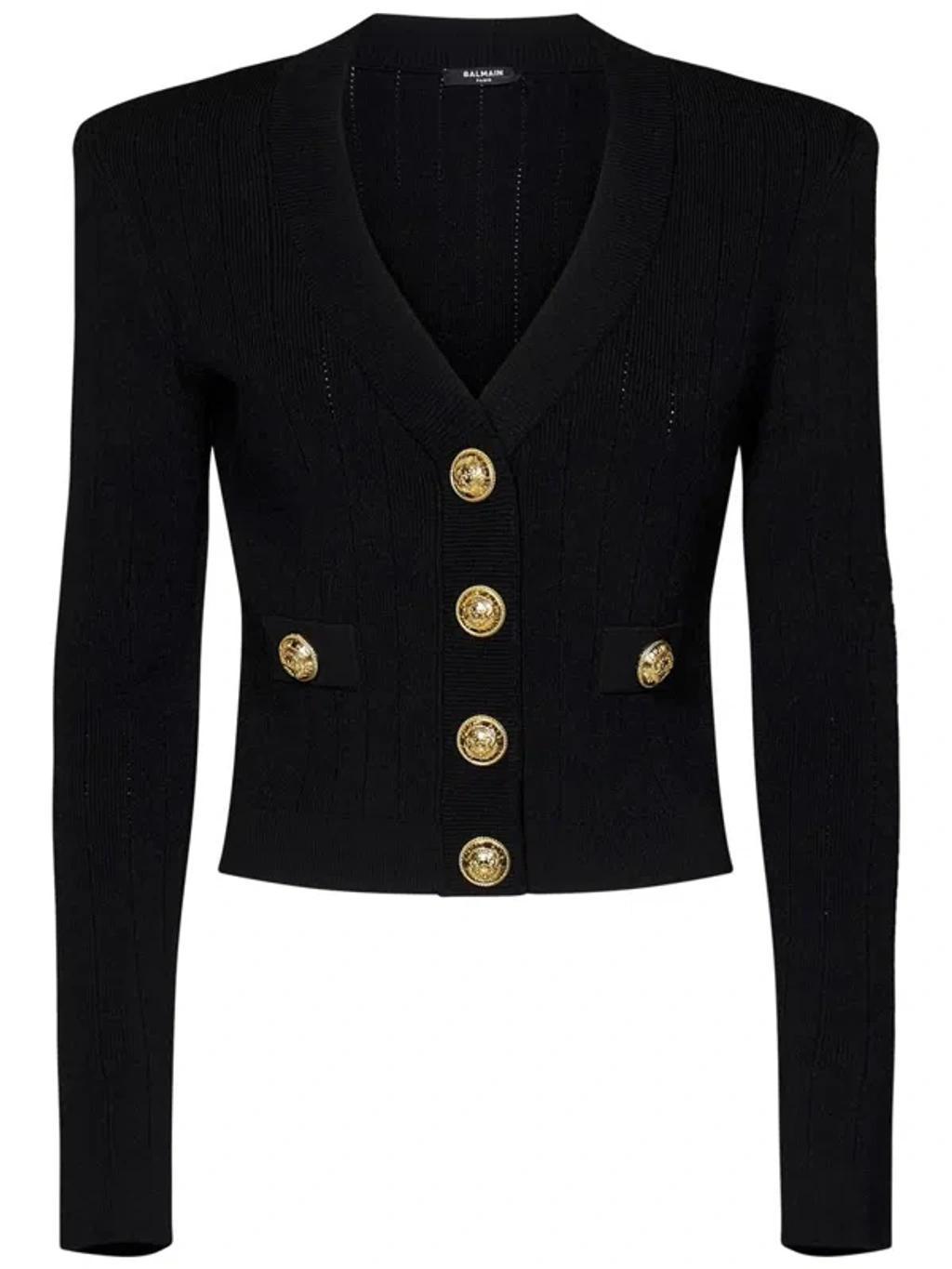 BALMAIN Buttoned Knit Crop Cardigan In Black Product Image