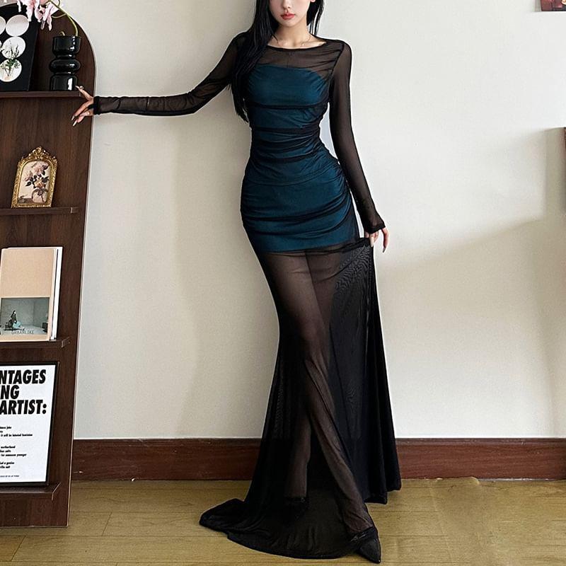 Long-Sleeve Round Neck Sheer Panel Top / High Rise Plain Maxi Skirt Product Image