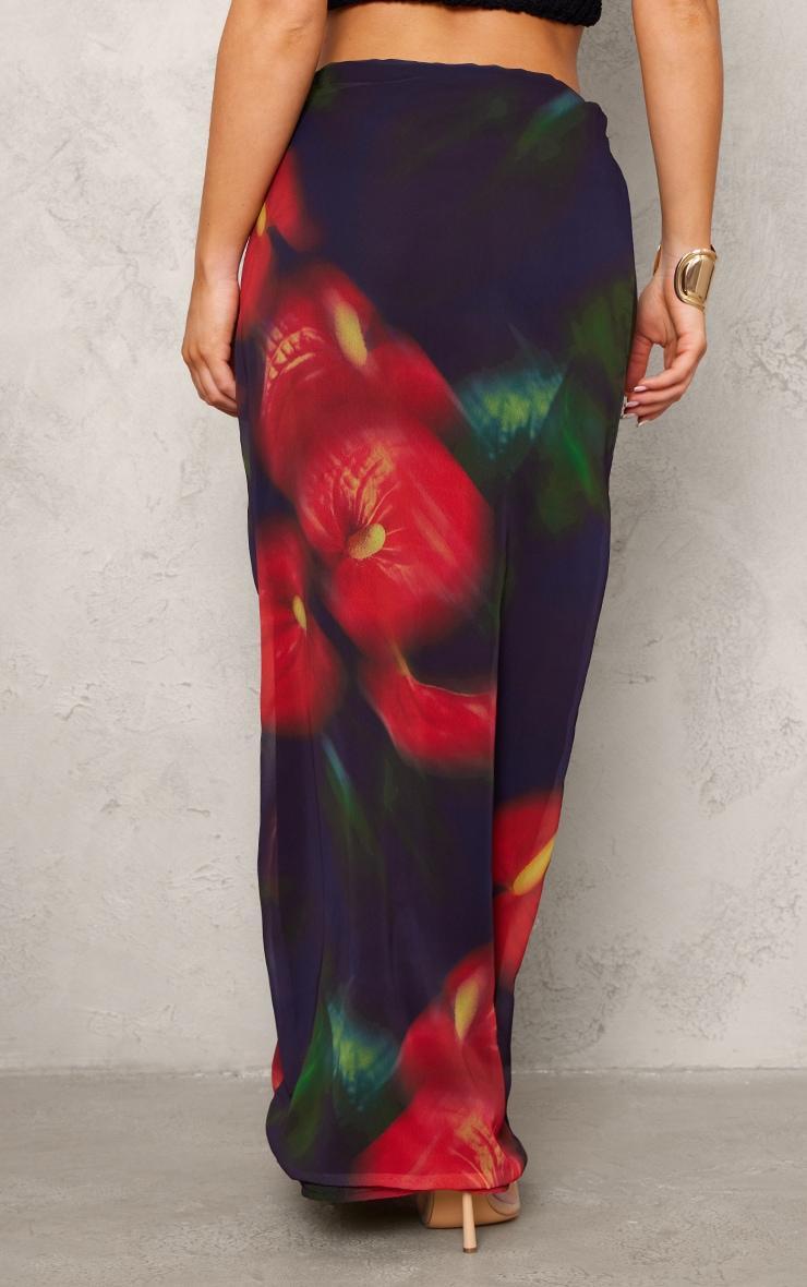 Red Abstract Flower Print Mesh Maxi Skirt Product Image