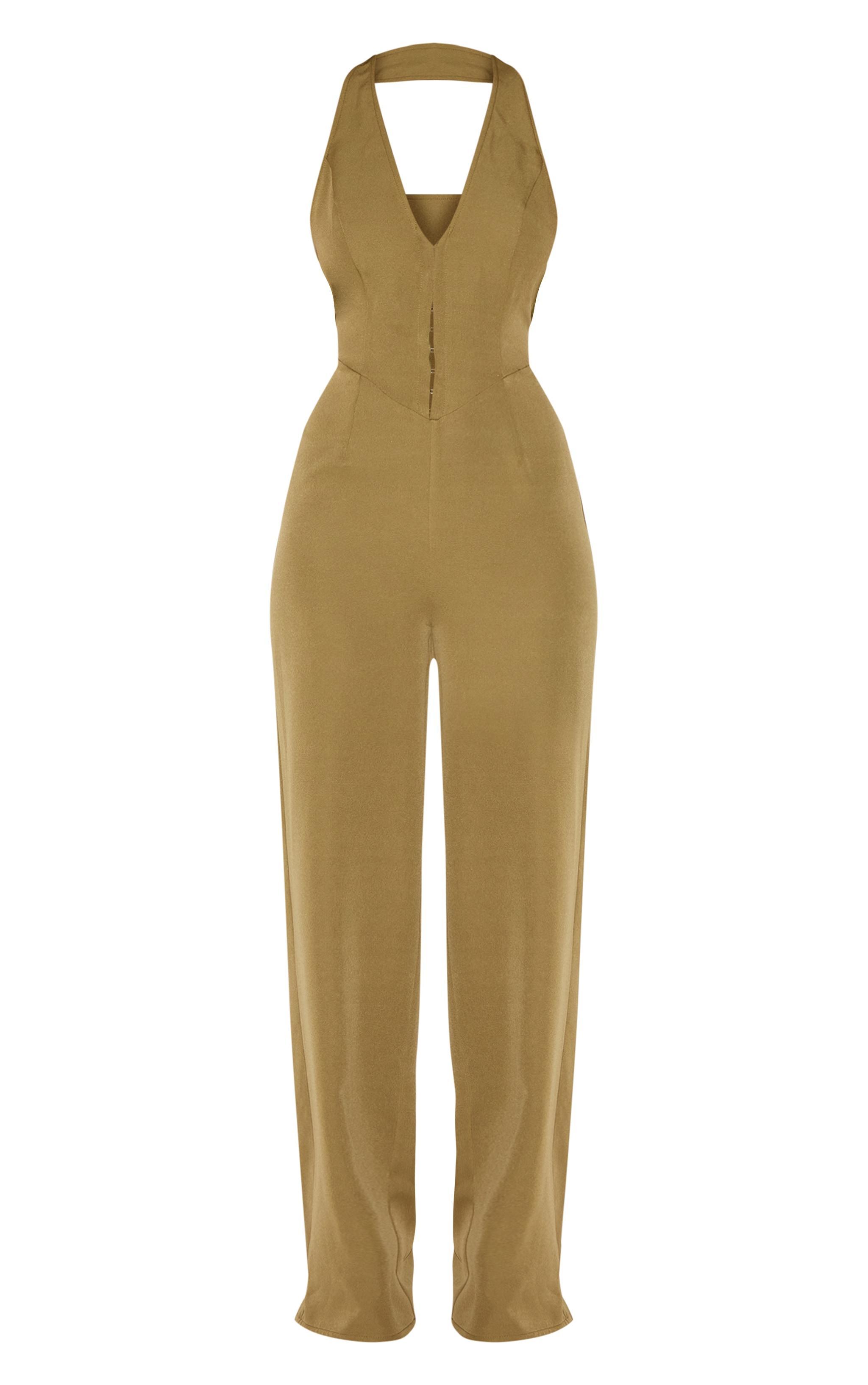 Khaki Woven Halter Neck Hook And Eye Detail Wide Leg Jumpsuit Product Image