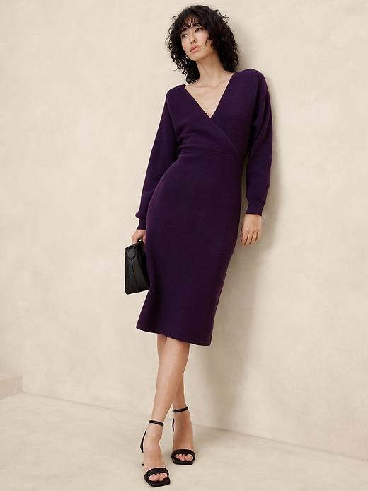 Overlap-Neck Midi Sweater Dress Product Image