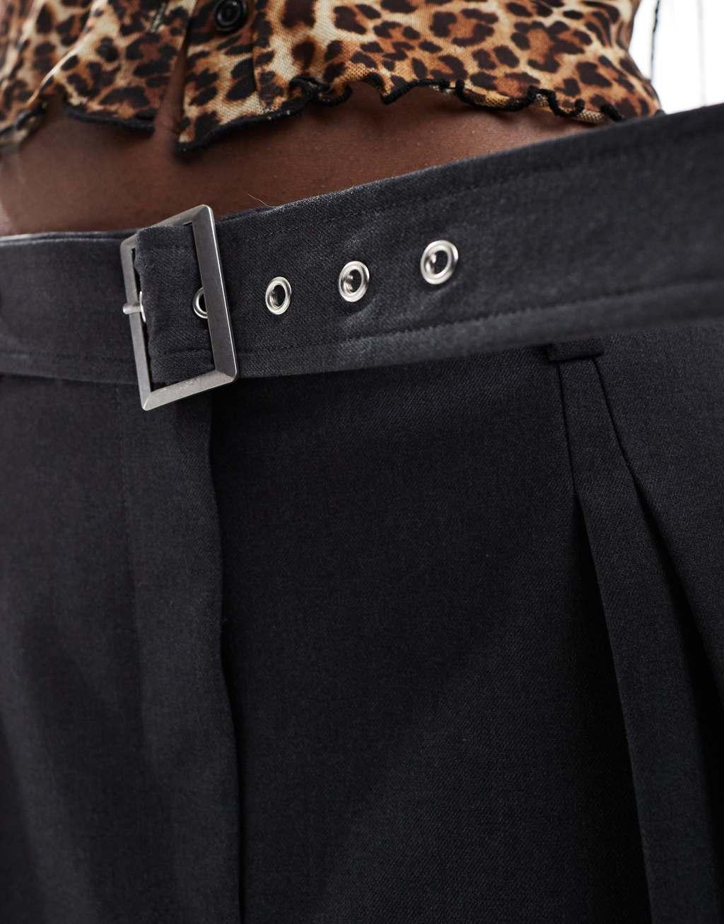 ASOS DESIGN tailored pleated mini skirt with belt detail in charcoal Product Image