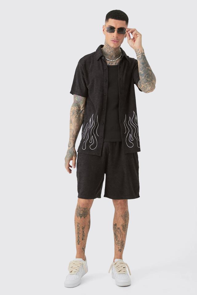 Tall Flame Embroidered Towelling Shirt & Short Set Black | boohooMAN USA Product Image