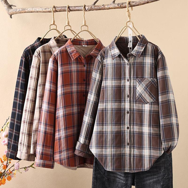 Collar Plaid Pocket Detail Padded Button Shacket Product Image