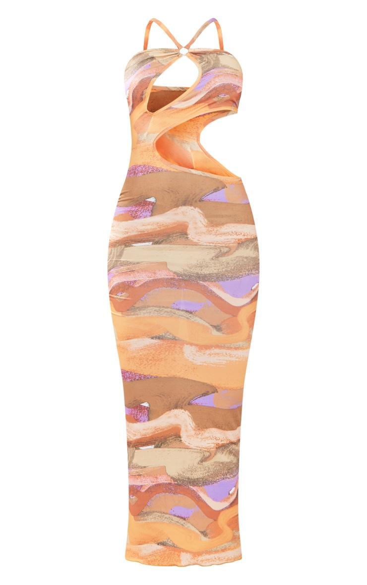 Orange Abstract Print Slinky Ring Detail Cut Out Maxi Dress Product Image