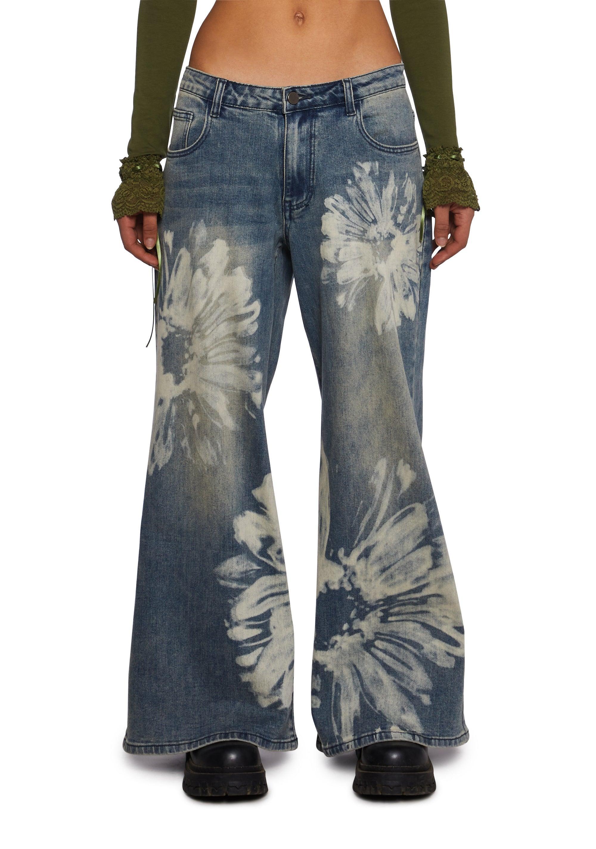 Floral Bleached Wide Leg Jeans Current Mood - Blue Product Image