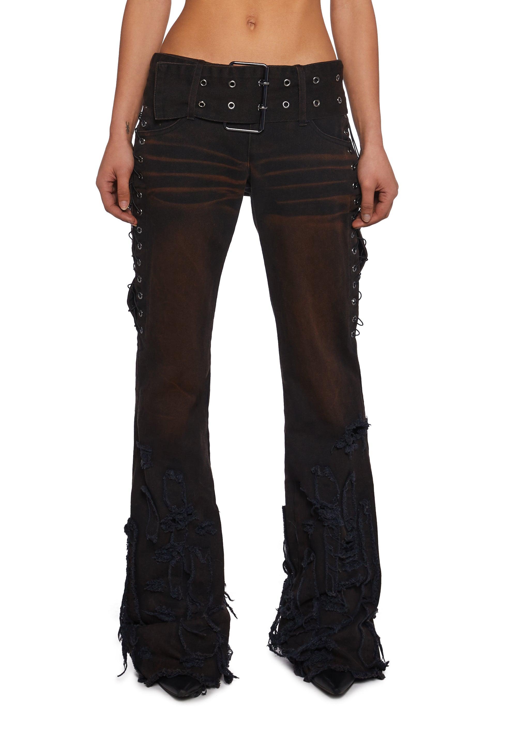 Namilia Distressed Belted Washed Pants With Lace Up - Black Product Image