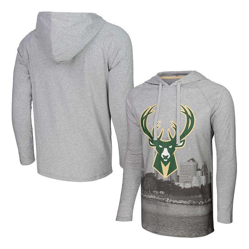 Mens Stadium Essentials Heather Gray Milwaukee Bucks Atrium Raglan Long Sleeve Hoodie T-Shirt Product Image