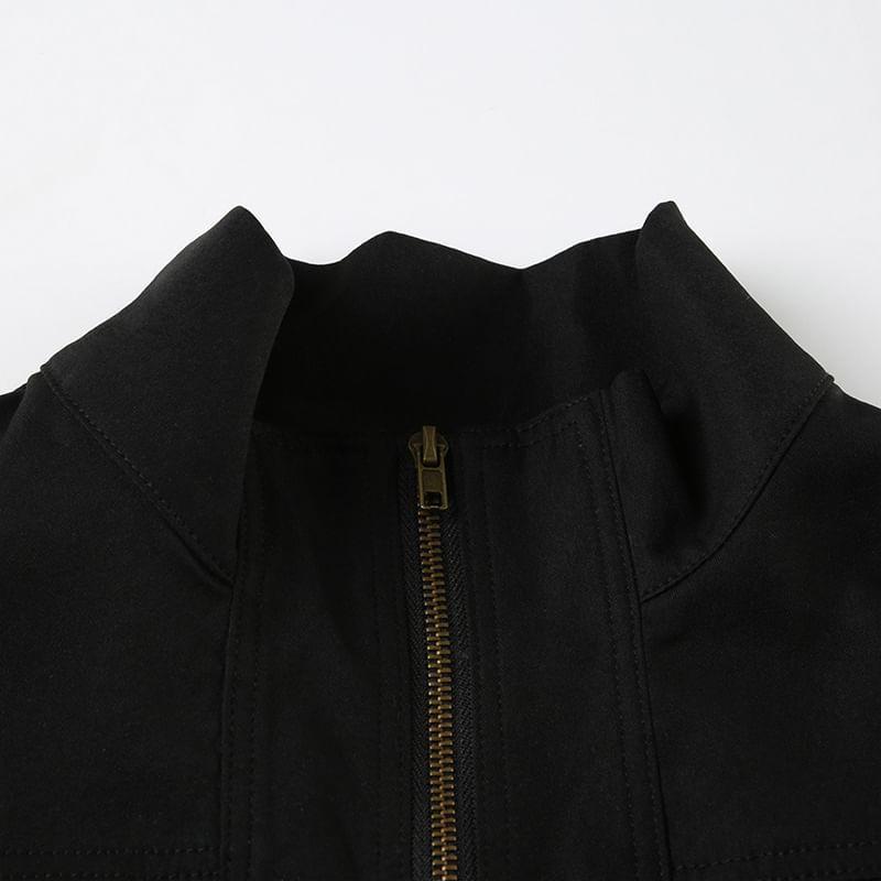 Stand Collar Plain Crop Zip Jacket Product Image