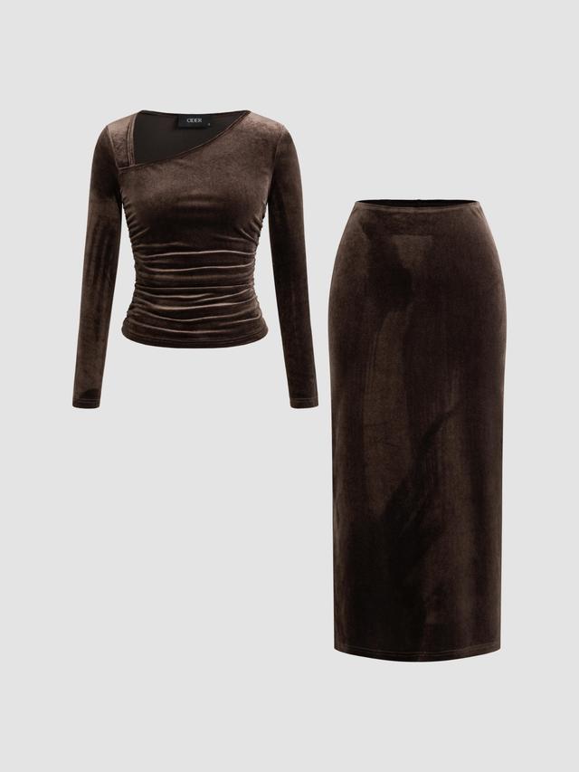 Velvet Asymmetrical Neck Solid Ruched Long Sleeve Top & Mid Rise Solid Maxi Skirt Set Product Image