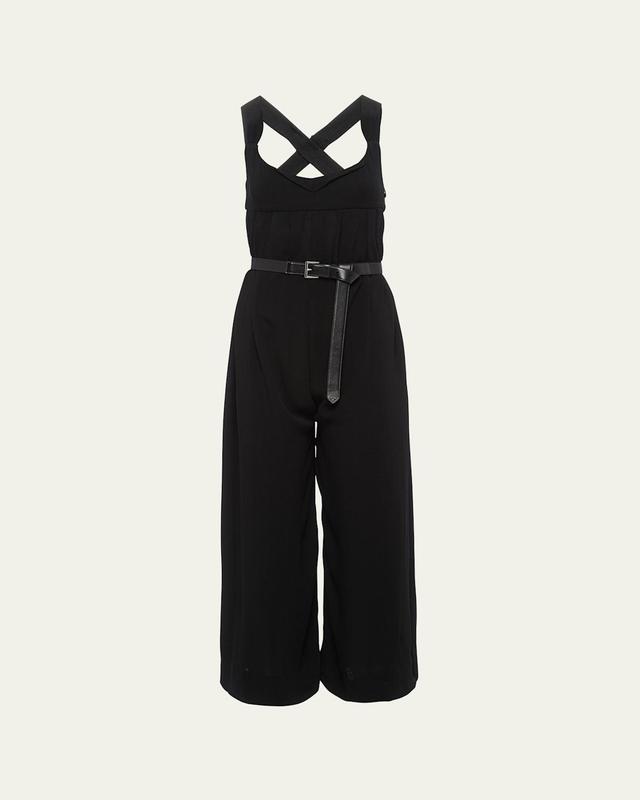 Leather Belted Wide-Leg Crepe Jumpsuit Product Image