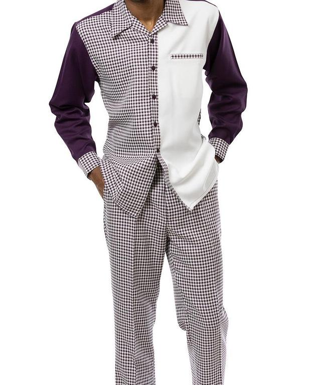 Plum Checkered 2 Piece Long Sleeve Walking Suit Set Product Image