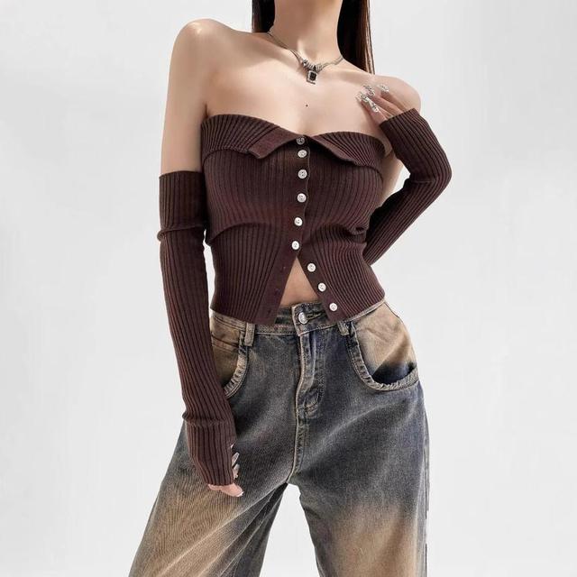 Set: Plain Button Ribbed Knit Tube Top + Arm Sleeves Product Image