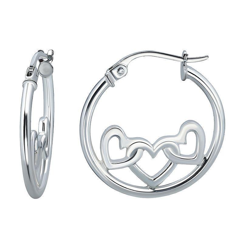 Aleure Precioso Sterling Silver 3 Heart Center Hoop Earrings, Womens Product Image