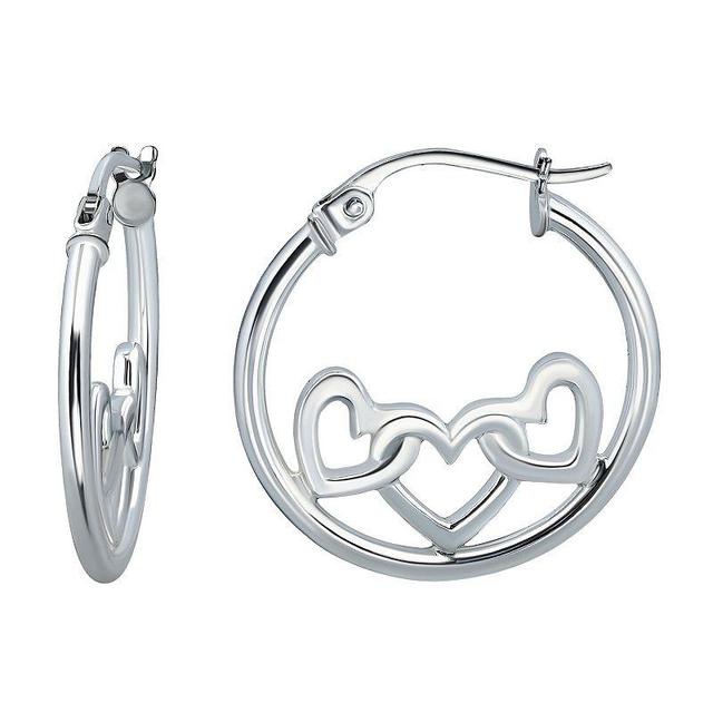 Aleure Precioso Sterling Silver 3 Heart Center Hoop Earrings, Womens, Silver Tone Product Image