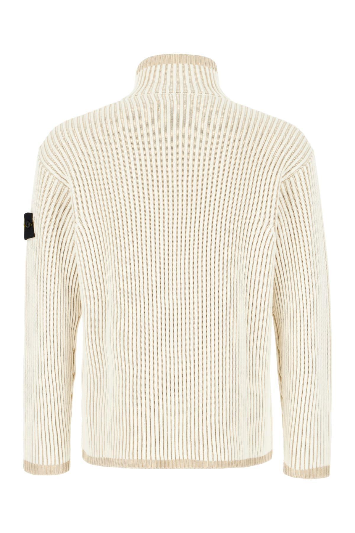 STONE ISLAND High Neck Ribbed Wool Sweater In Cream Product Image