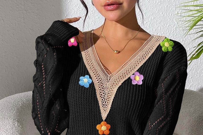 Long-Sleeve V-Neck Lace Panel Floral Accent Crochet Knit Top Product Image