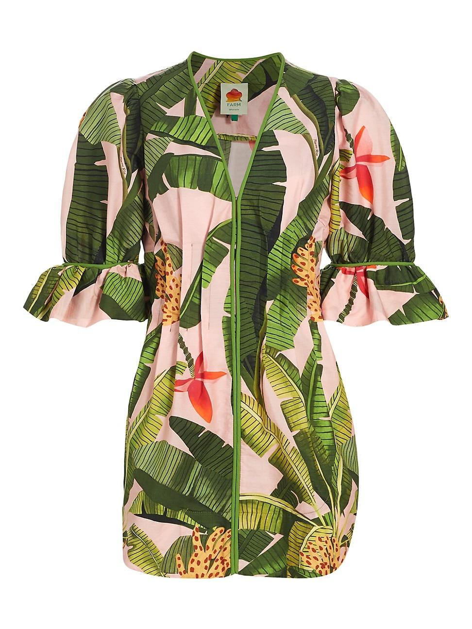 Pink Banana Leaves V Neck Mini Dress, BANANA LEAVES PINK / M Product Image