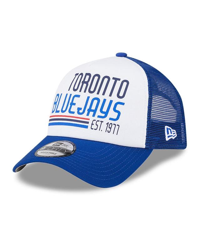 Mens New Era White/Royal Toronto Blue Jays Stacked A-Frame Trucker 9FORTY Adjustable Hat Product Image