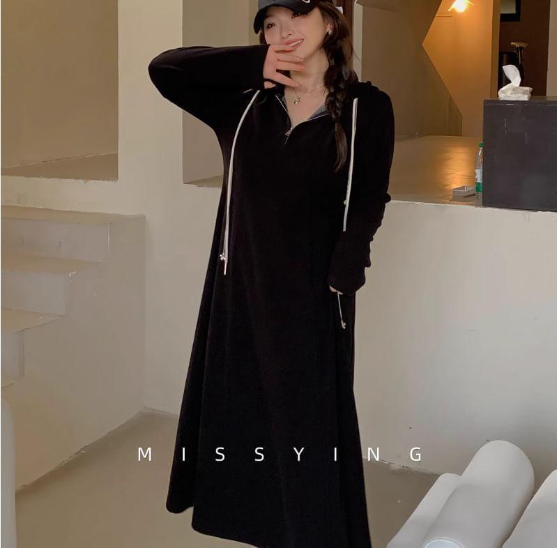 Long Sleeve Plain Hood Half Zip Midi A-Line Dress Product Image