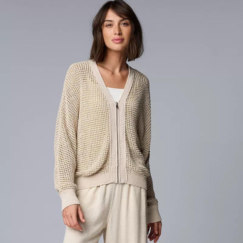 Womens Simply Vera Vera Wang Loose Waffle Knit Zip Front V-Neck Cardigan Sweater Product Image