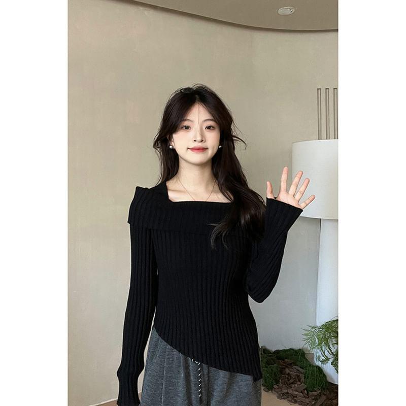 Long-Sleeve Square Neck Plain Asymmetrical Slim Fit Knit Top Product Image