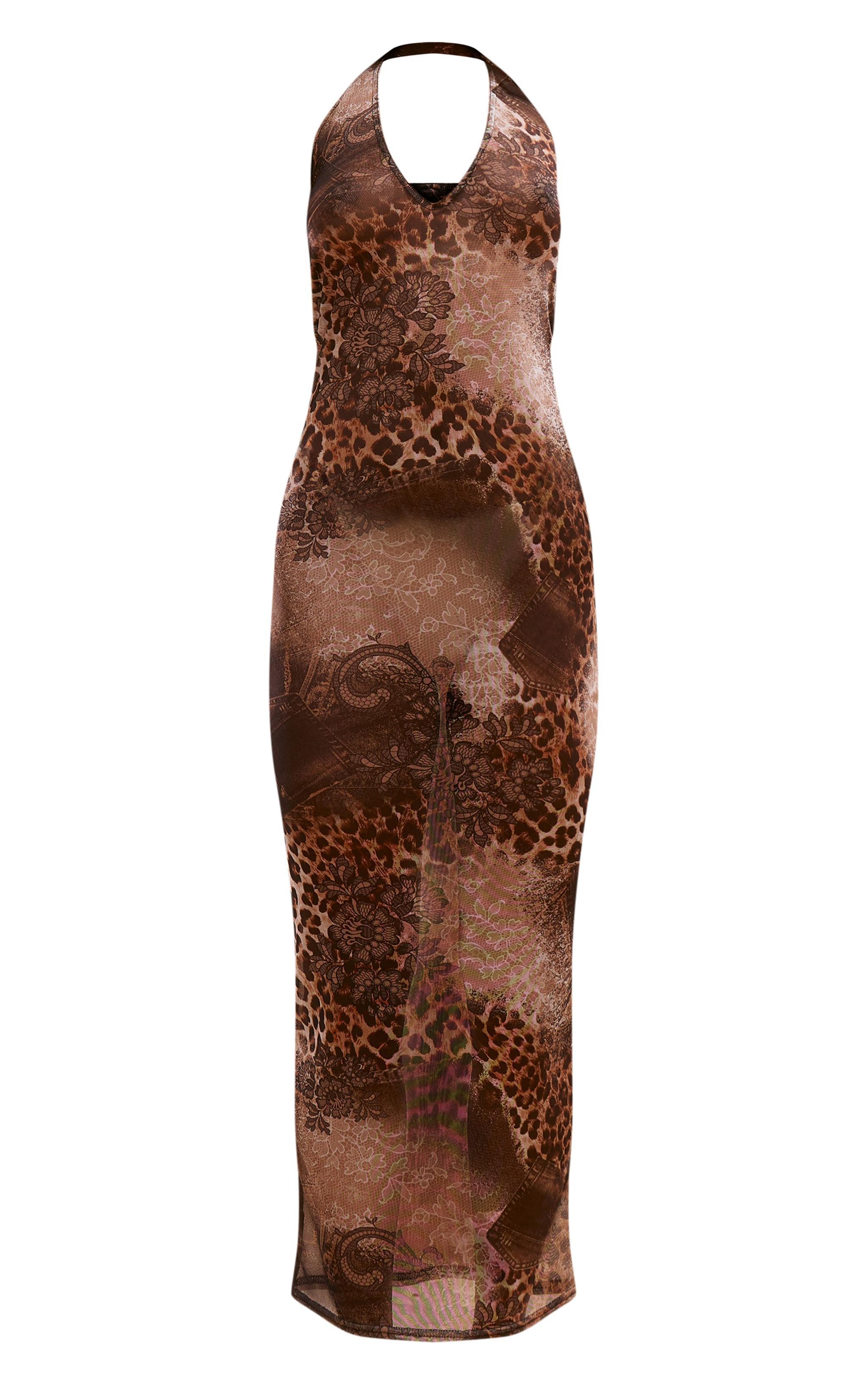 Brown Leopard Print Mesh Halterneck Midaxi Dress Product Image