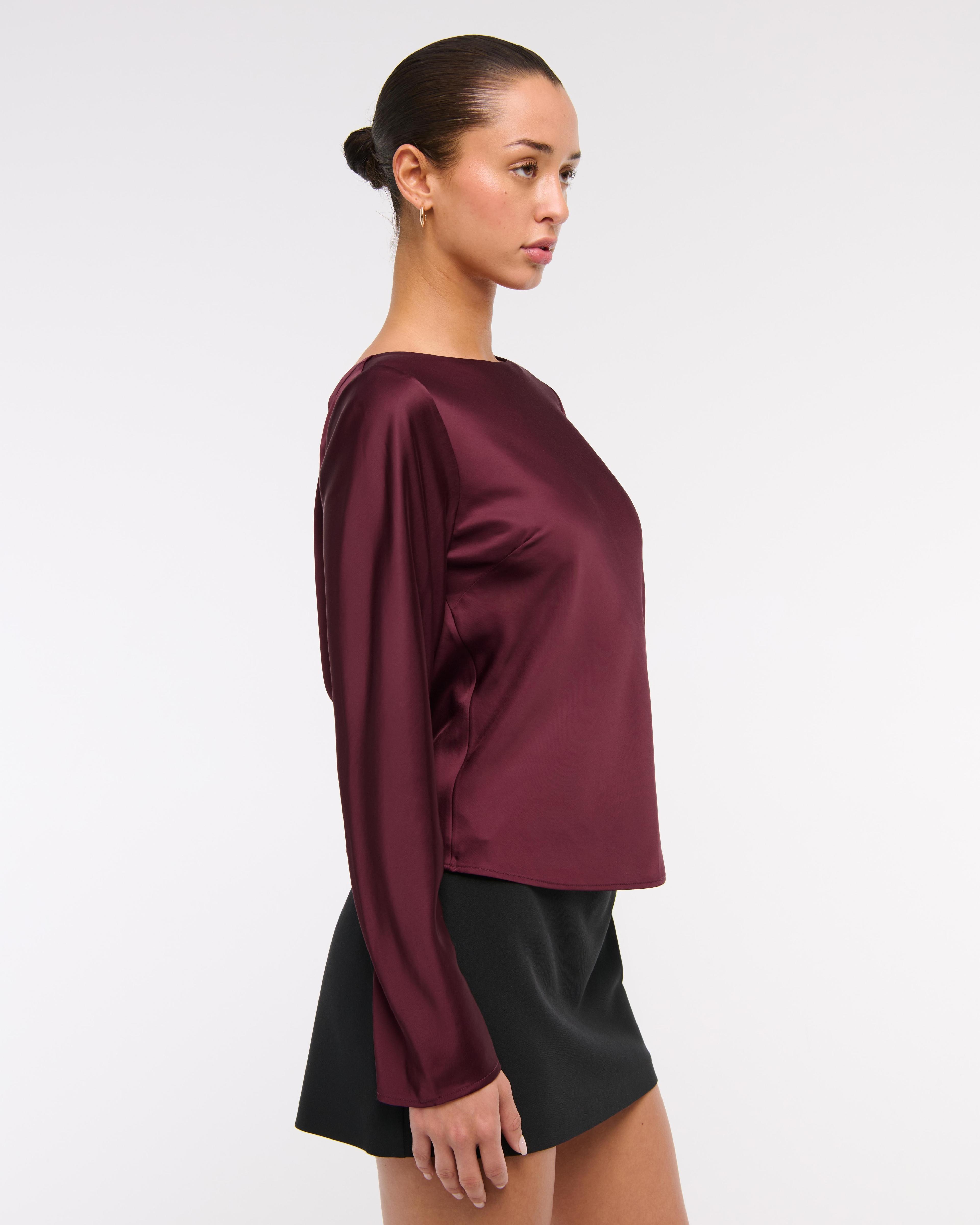 Long-Sleeve Satin Cowl-Back Top Product Image