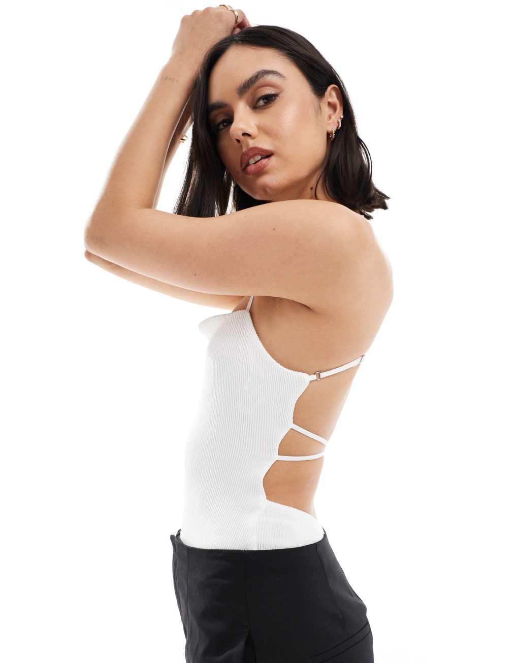 Bershka straight neck crinkle bodysuit in white Product Image