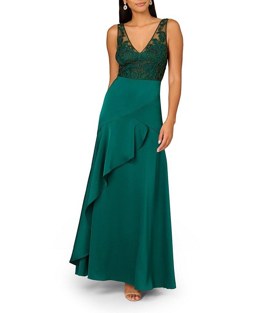 Aidan Mattox Satin V-Neck Sleeveless Beaded Detail Dress Product Image