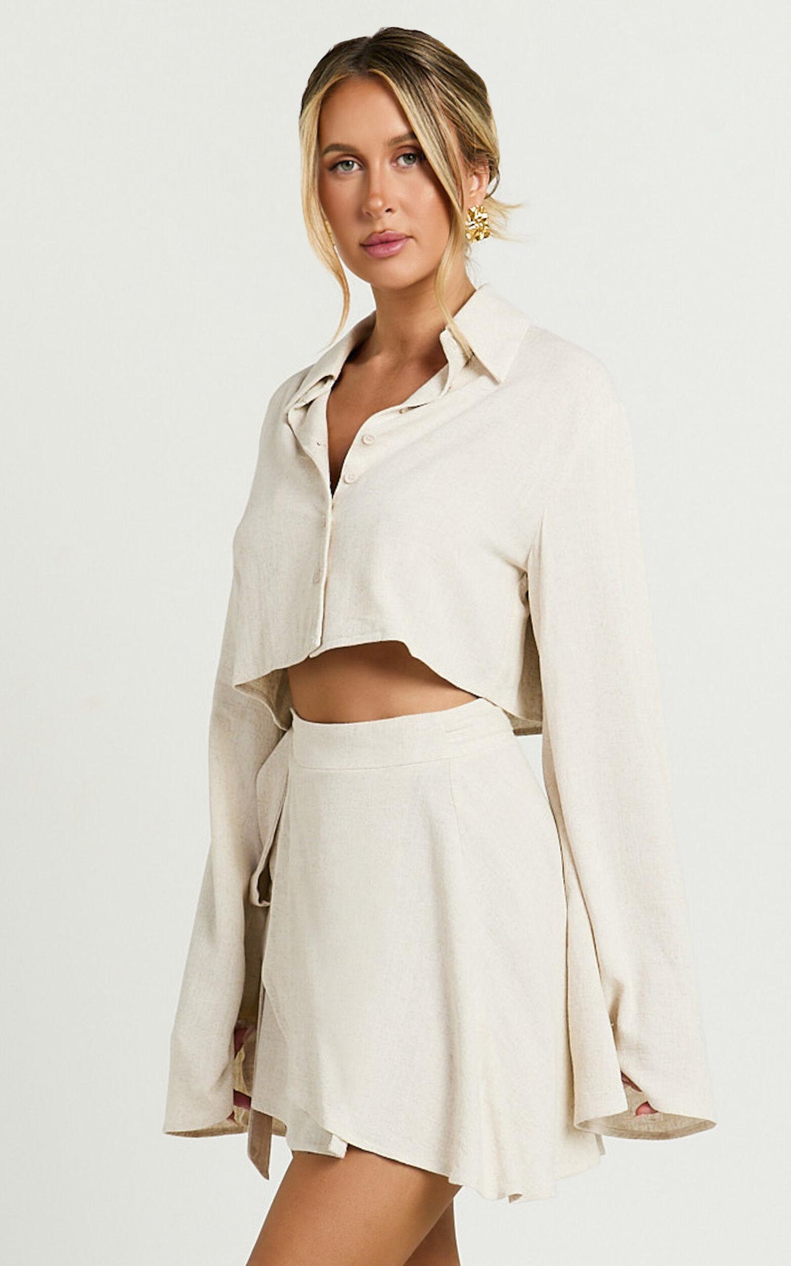 Emmy Two Piece Set - Linen Look Relaxed Crop Shirt and Wrap Skirt in Oat Product Image