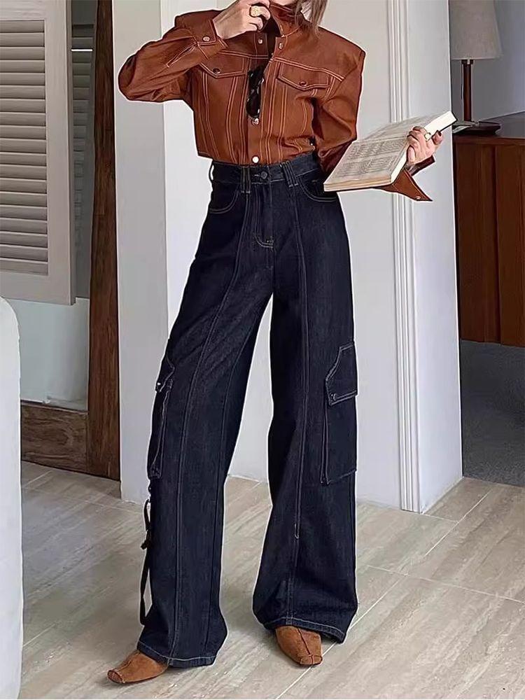 High Waist Pocket Detail Wide Leg Jeans Product Image