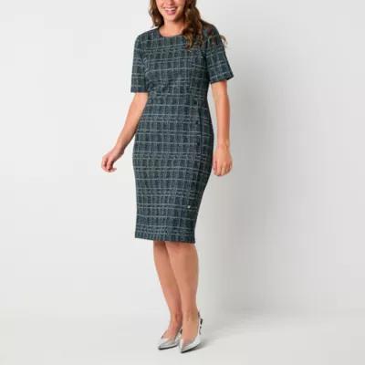 Liz Claiborne Womens Jacquard Short Sleeve Plaid Sheath Dress Product Image