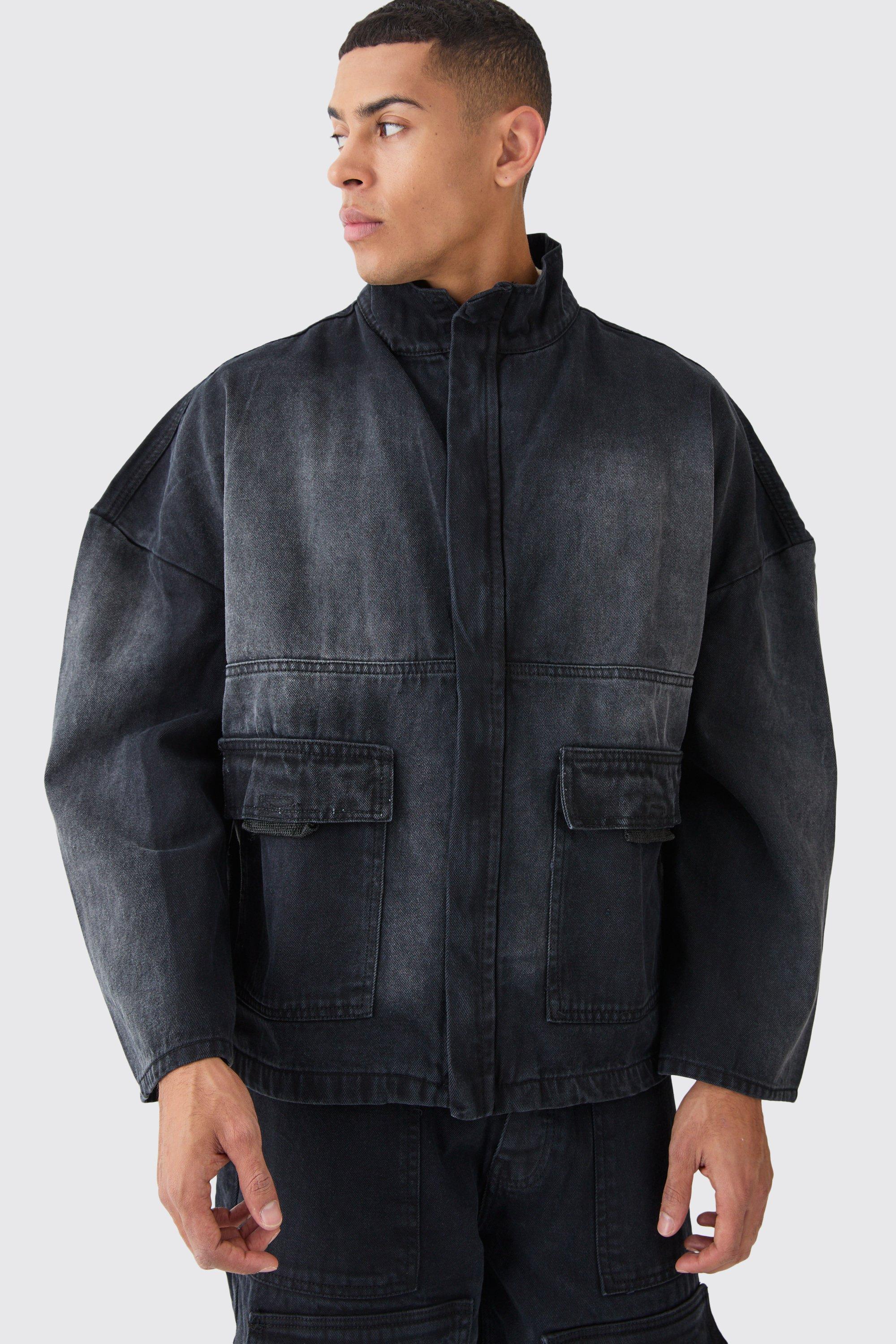 Mens Black Oversized Boxy Distressed Denim Jacket, Black Product Image