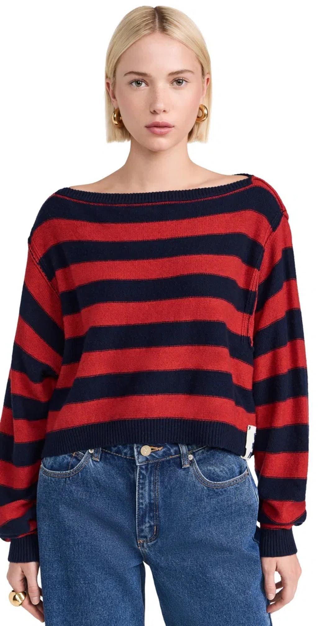 Into The Blue Stripe Crop Sweater In 레드 콤보 Product Image