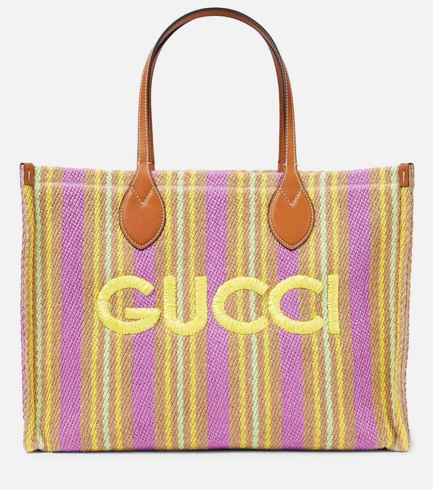 GUCCI Striped Leather-trimmed Tote Bag In Nat.can.m.m Ac.l/har Product Image