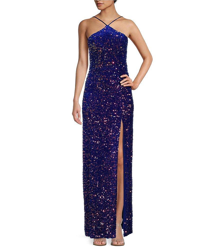 Next Up Sequin Halter Neck Front Slit Long Dress Product Image