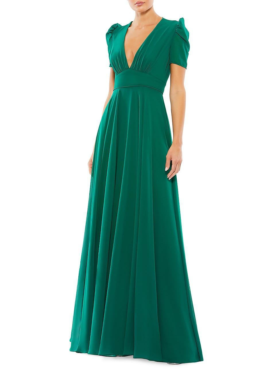 Mac Duggal Plunge V-Neck Ruched Puff Short Sleeve Gown Product Image