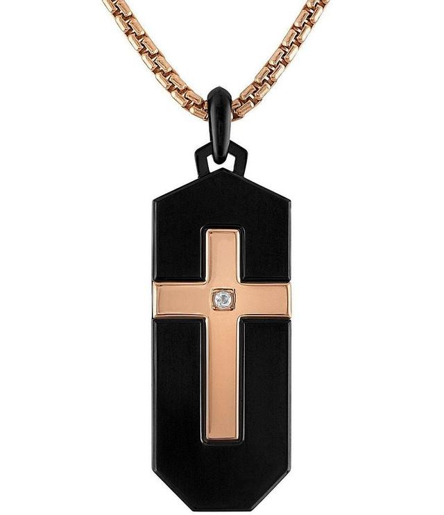 Bulova Men's Rose Gold Tone Stainless Steel Diamond Cross Dog Tag Long Pendant Necklace Product Image