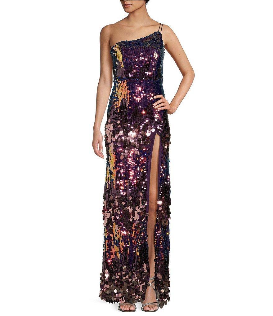 Midnight Doll Ombre Paillette Sequin One-Shoulder Front Slit Long Dress Product Image