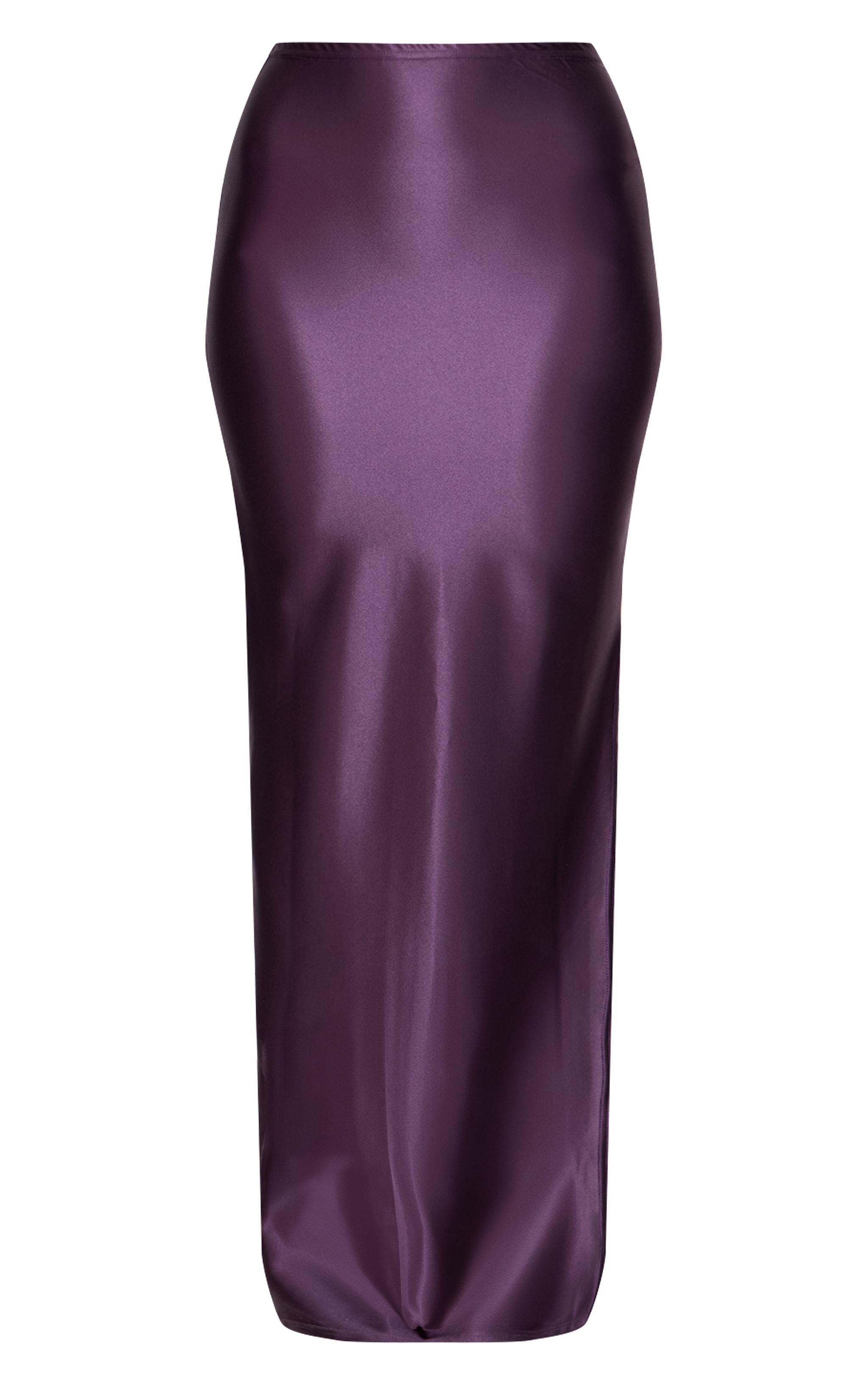 Plum Stretch Satin Split Side Maxi Skirt Product Image