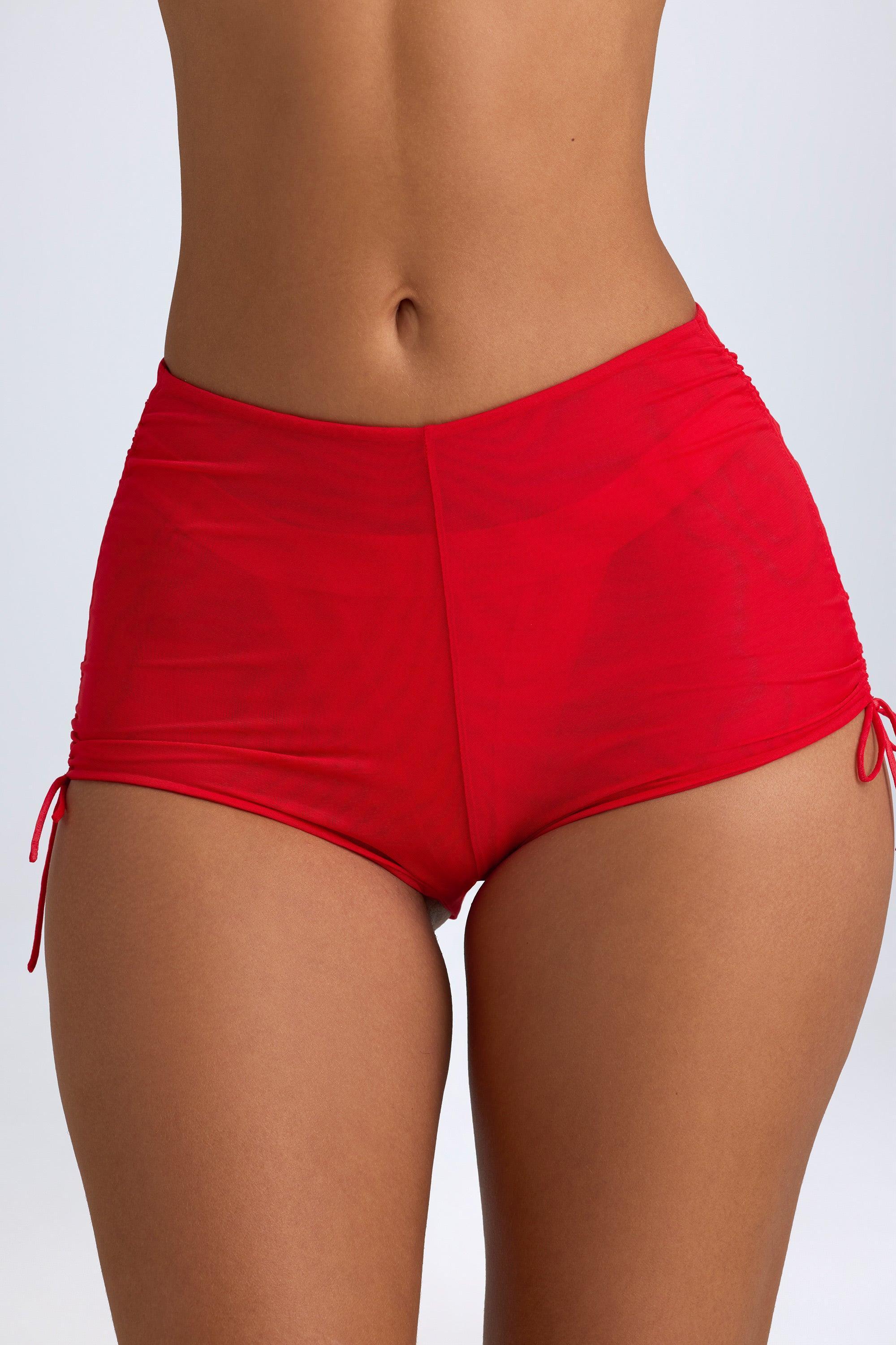 Sheer Ruched Mini Shorts in Fiery Red Product Image