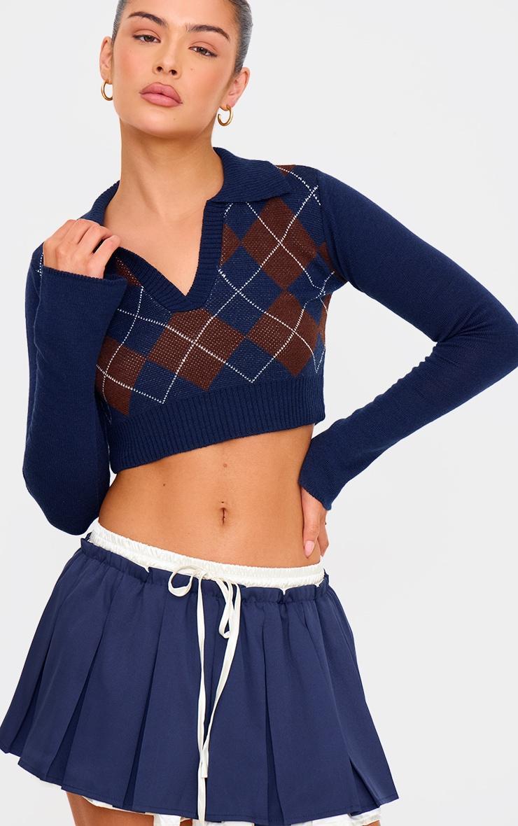 Navy Argyle Jacquard Knitted Collar Detail Cropped Sweater Product Image