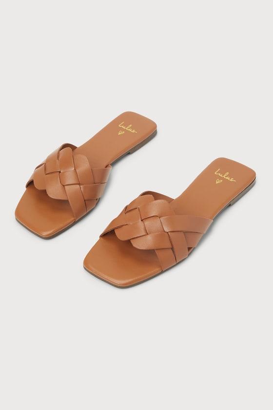 Nuneh Tan Leather Woven Slide Sandals Product Image