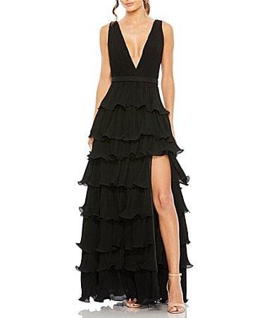 Mac Duggal Deep V-Neck Sleeveless Ruffle Tiered Thigh High Slit Gown Product Image