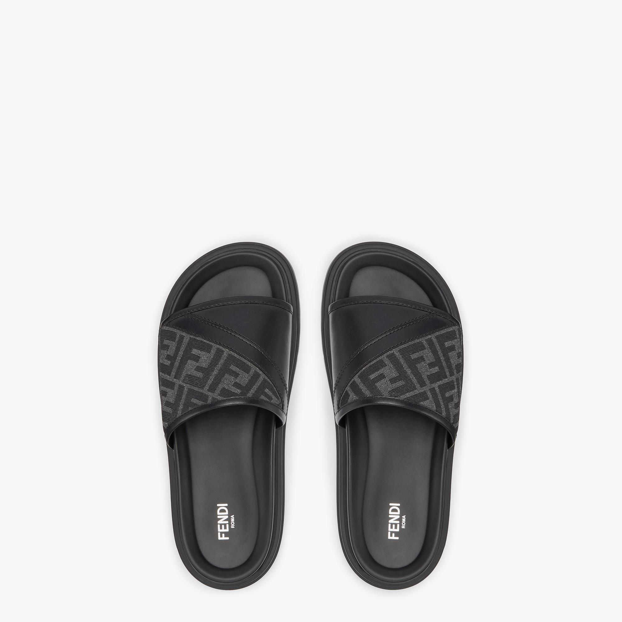 Fendi Diagonal SlidesGray FF jacquard and black leather slides Product Image